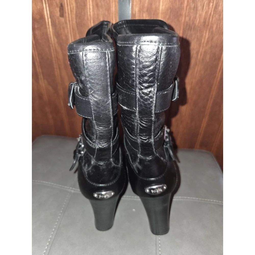 *Coach Buckle Mid Calf Boots Black Leather Size 6.5B Alexandra Chunky Heel